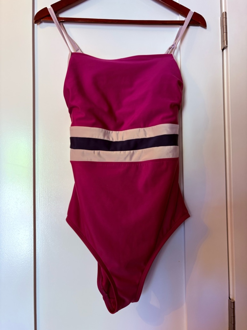 all in motion Magenta One-Piece Swimsuit with Cream and Black Stripes
